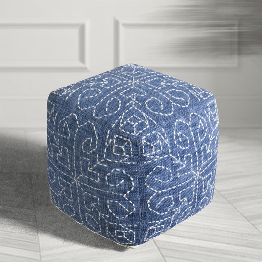 Wotton Pouf, Cotton/ Wool, Natural White/Blue