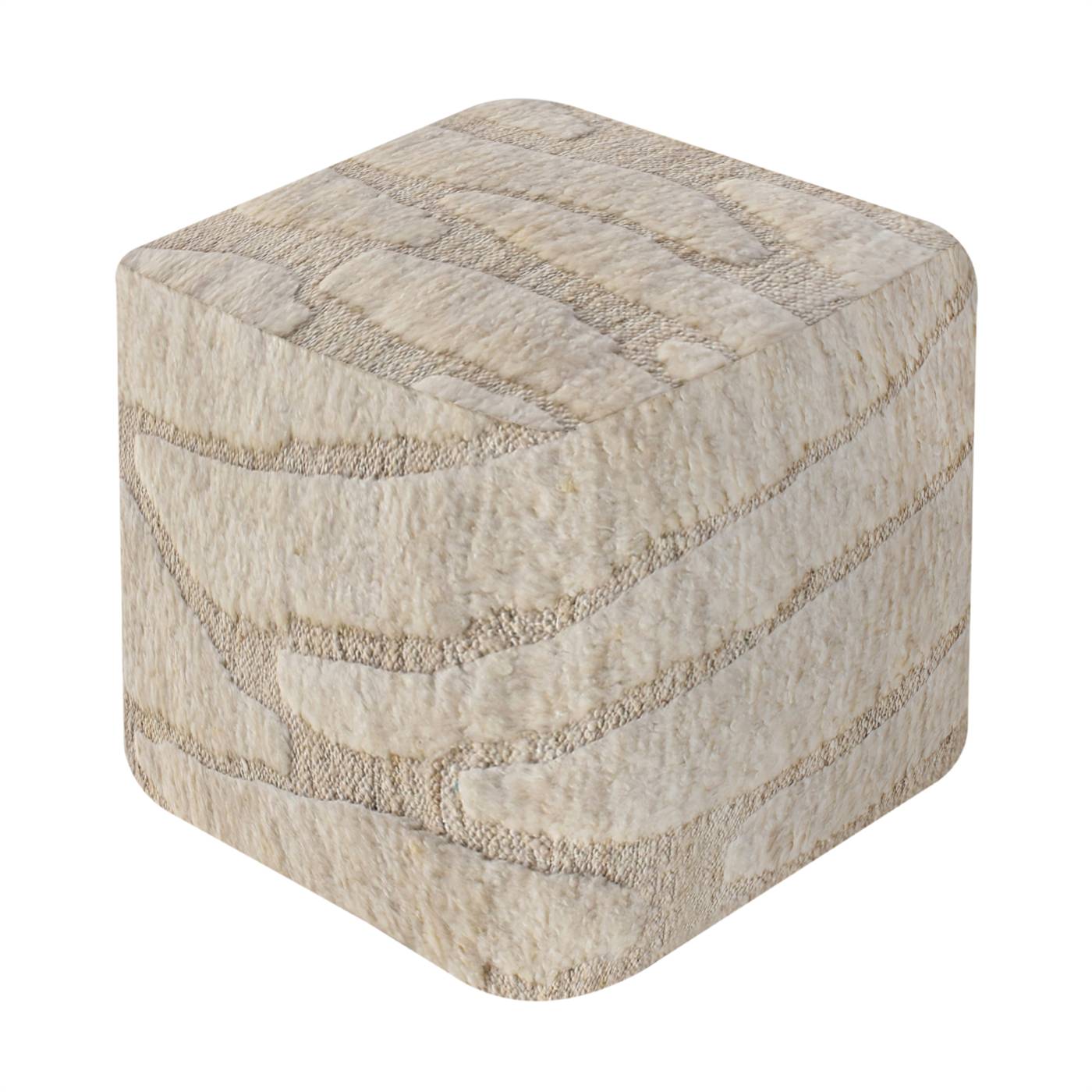 Wrangell Pouf, 40x40x40 cm, Natural White, Wool, Hand Knotted, Handknotted, All Cut