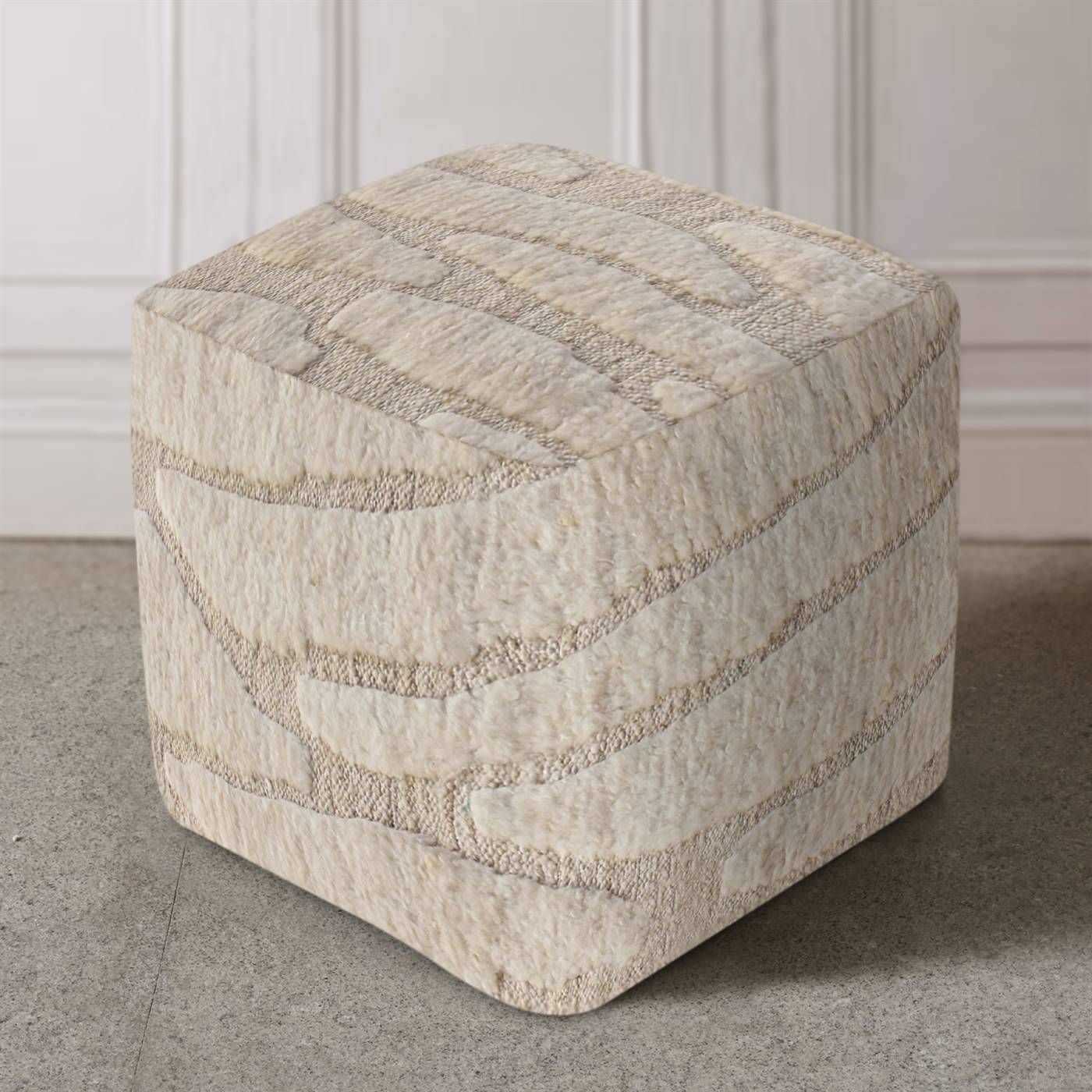 Wrangell Pouf, 40x40x40 cm, Natural White, Wool, Hand Knotted, Handknotted, All Cut