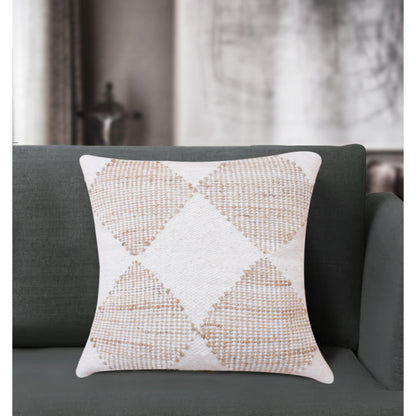 Hand woven jute and wool cushion with ivory and natural diamond pattern.