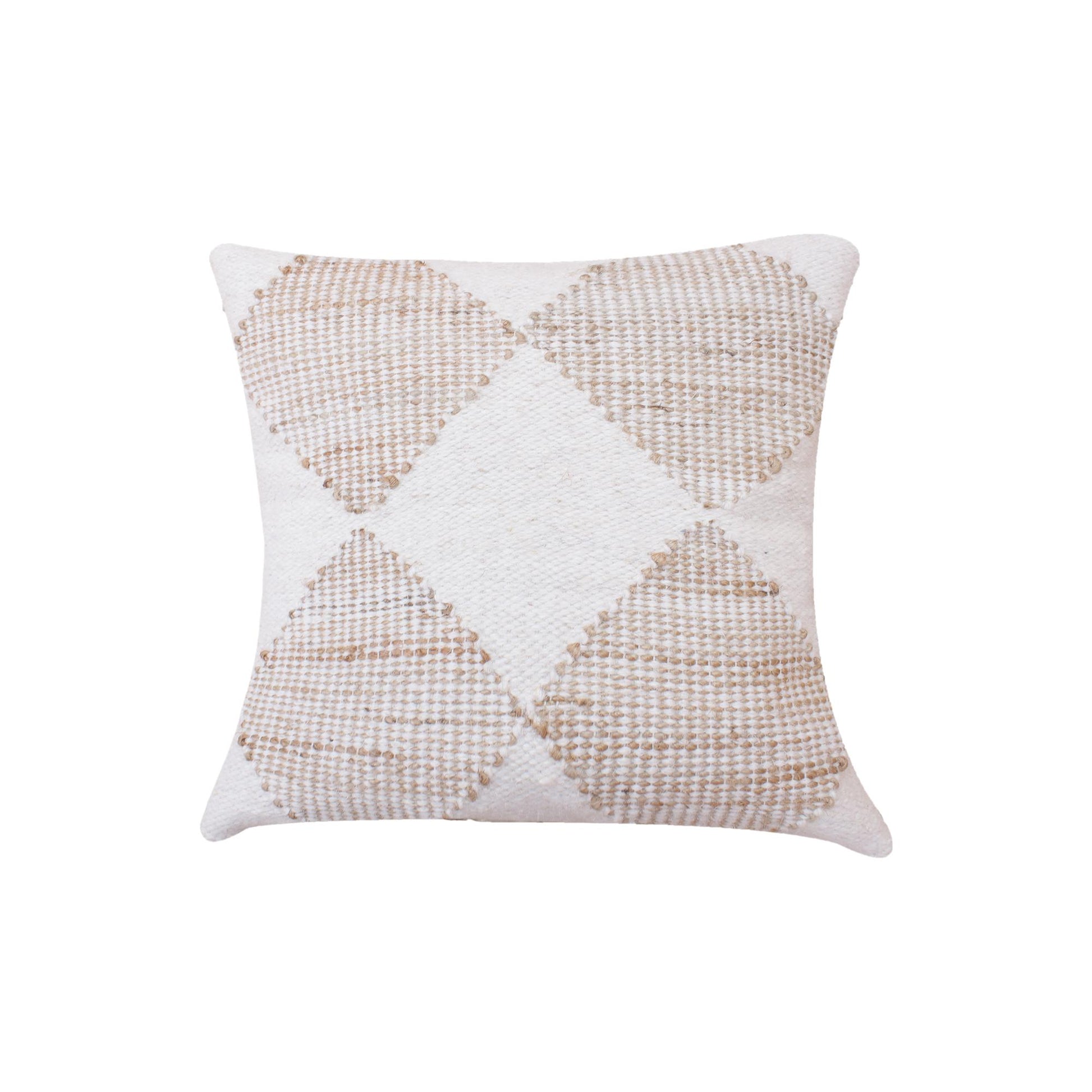 Hand woven jute and wool cushion with ivory and natural diamond pattern.
