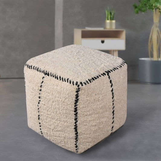 Yindi Pouf, 40x40x40 cm, Natural White, Charcoal, Cotton, Hand Woven, Pitloom, Flat Weave