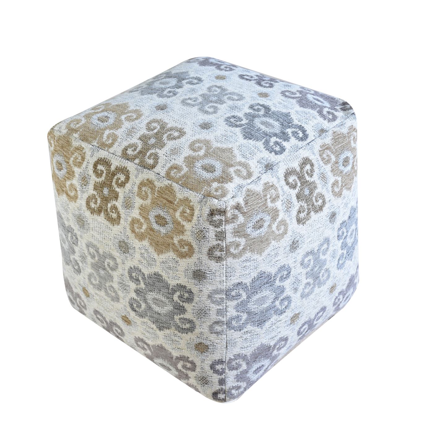 Zornis Pouf, Acrylic/ Polyester, Grey/ Natural, Jaquard Durry, Flat Weave 