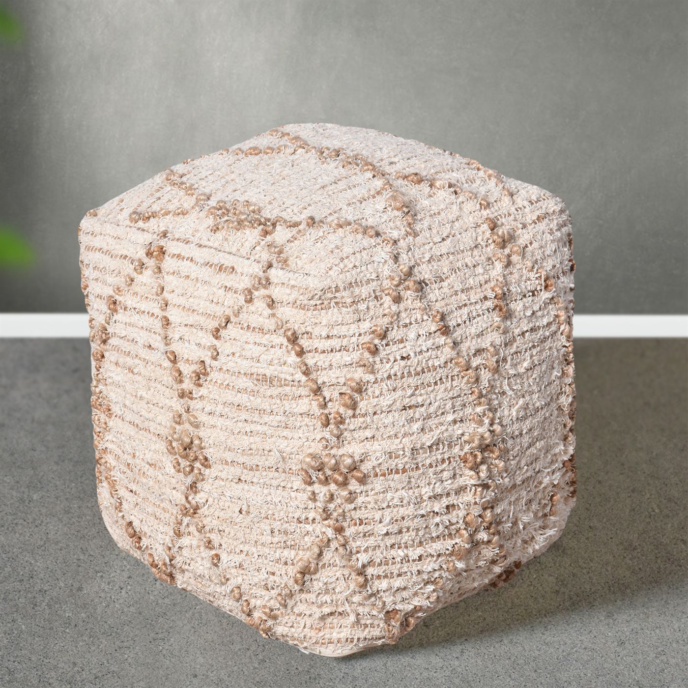 Zalane Pouf, Jute/ Cotton Salvage, Natural/ Natural White, Pitloom, All Loop