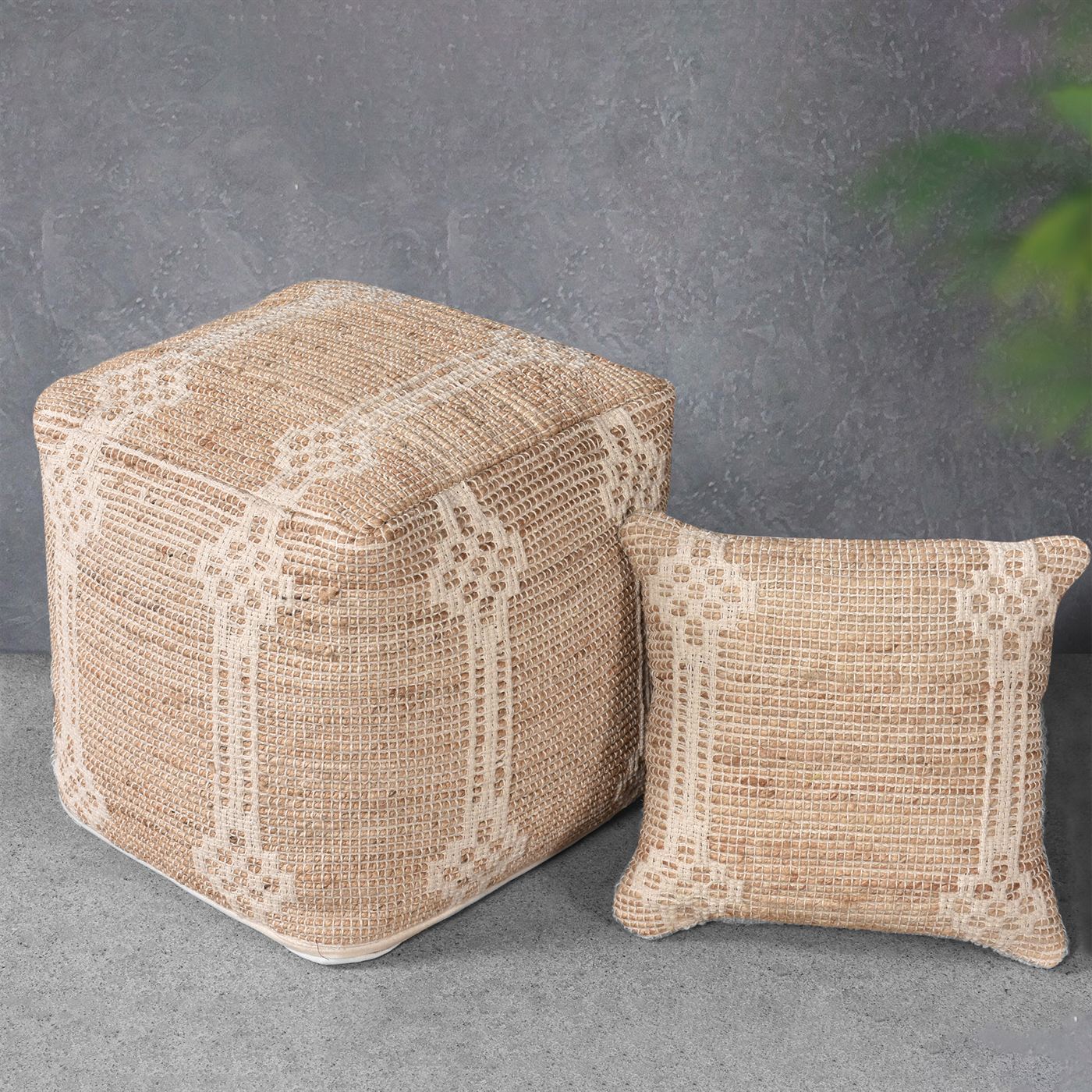 Bosho Pouf, Jute, Cotton, Natural, Natural White, Pitloom, Flat Weave