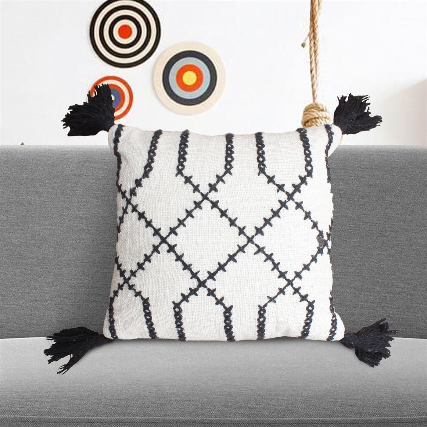 Paulin Cushion, Cotton, Wool, Natural White, Charcoal, Hm Stitching, Flat Weave