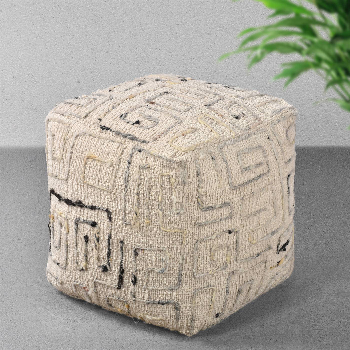 Jordyn-III Pouf, 40x40x40 cm, Natural White, Blue, Wool, Hand Woven, Printed, Handwoven, All Loop