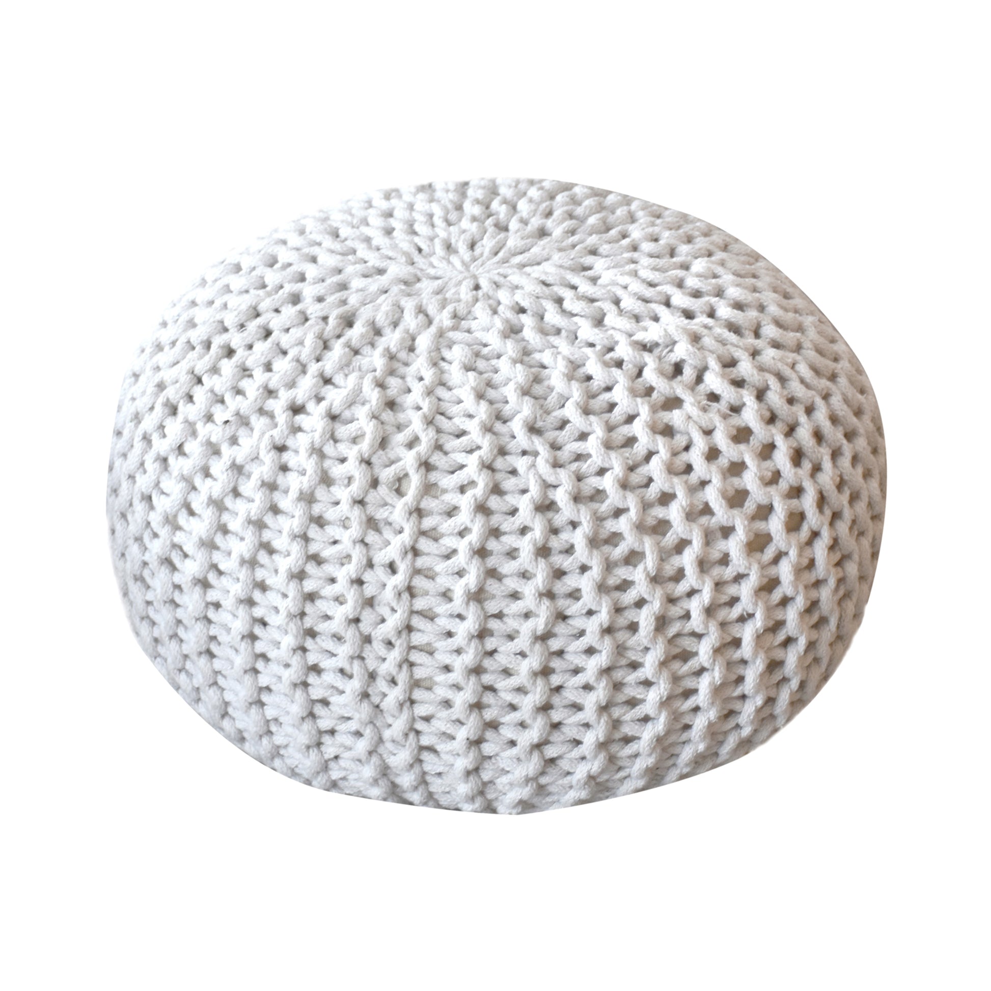 Moro Round Pouf, Cotton, Natural White, Hm Knitted, Flat Weave 