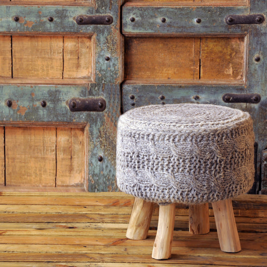 Pluto Stool, 40x40x40 cm, Grey, Wool, Hand Knitted, Hm Knitted, Flat Weave